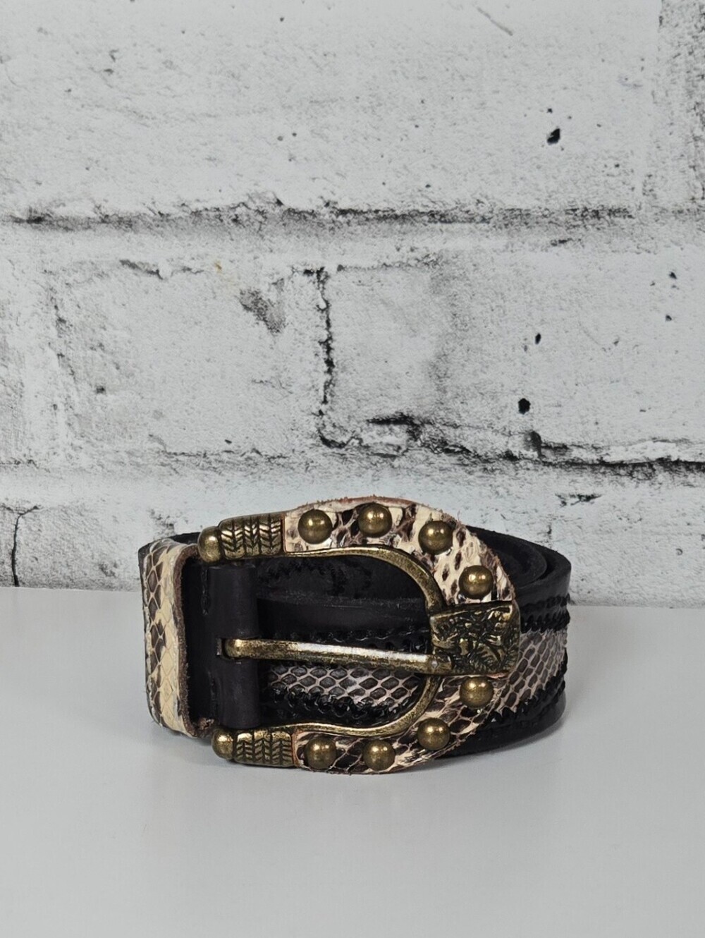 Black Leather Snake Inlay Western Belt Studded Buckle Size 35
